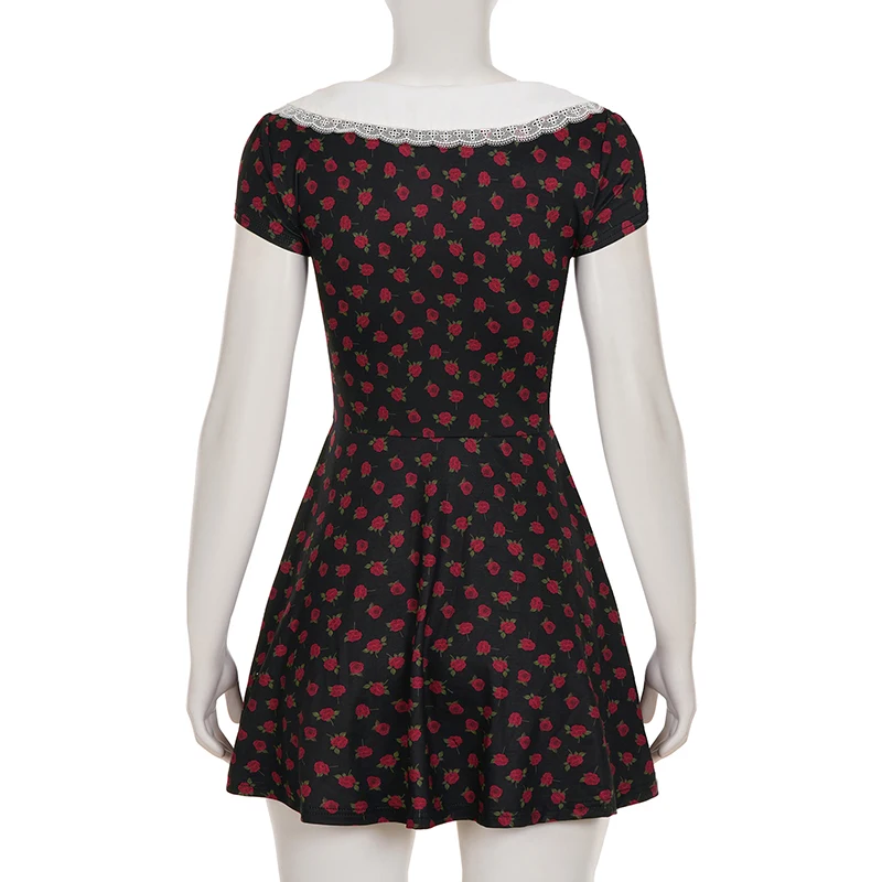 Tornova Elegant High Waist Dress For Women Lapel Rose Printed A-line Mini Dress Lady Short Sleeve Contrast Splice Vacation Dress