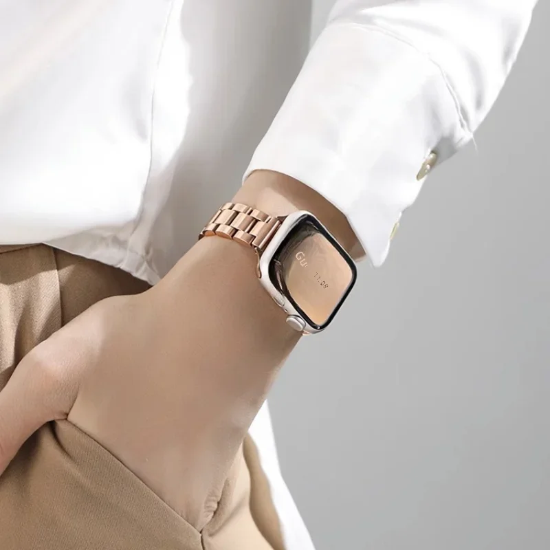 سوار ساعة من الفولاذ المقاوم للصدأ متوافق مع ساعة Apple 38/40/41/42/44/45/49 ملم لسلسلة Iwatch 98765432   حزام نسائي فاخر نحيف