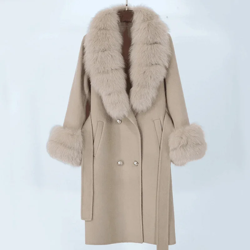 Autumn Winter Oversized Fox Fur Collar Detachable Large Fur Collar Double-sided Woolen Coat Women Korean Style Casual Long Coat