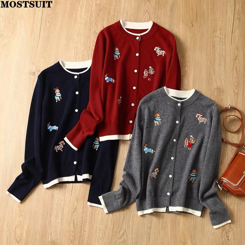 

Cartoon Embroidery Sweater Cardigan Women Fake Two Pieces Long Sleeve O-neck Knitwear Tops Elegant Fashion Loose Ladies Jumpers