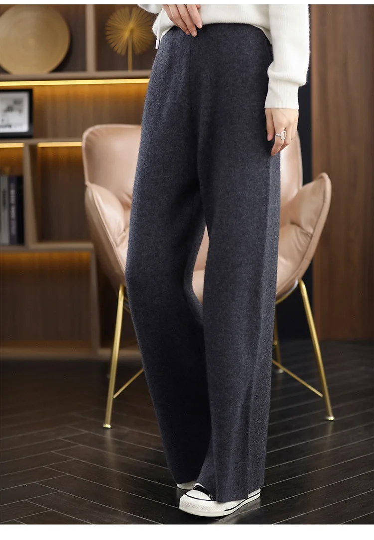 Women's Cashmere Pants Autumn Winter knitted Wide-leg Pants High Waisted Vertical Casual Mouses Soft and Comfortable Large Size