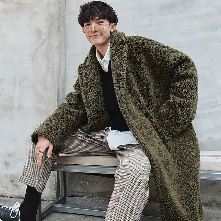 Hong Kong style lamb wool thickened long coat men's winter granular coat large size padded jacket Internet celebrities keep warm