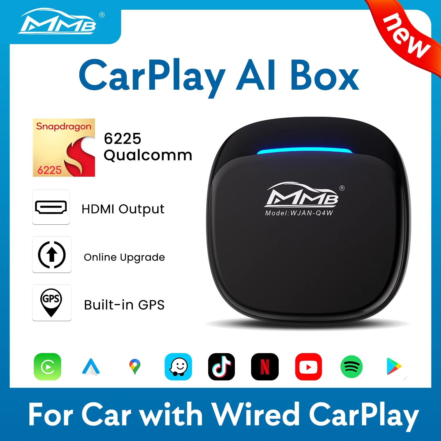 Android 14 MMB MAX 5.0 AI Box QCM6225 Wireless CarPlay Android Auto TV Adapter Mirror-Link 4G LTE FOTA 8G+128G LED Magic Box