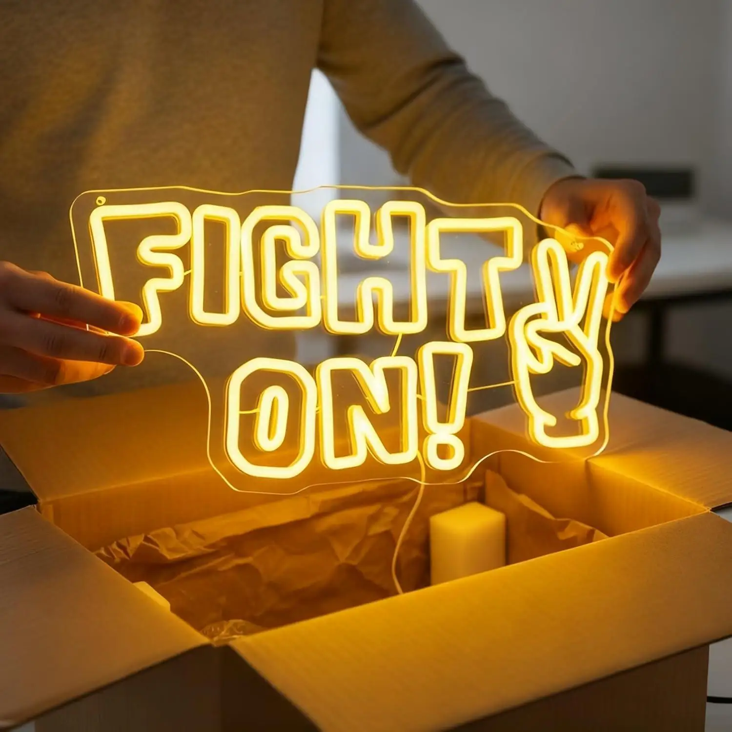 Fight On Neon Sign Victory Hand Motivational LED Wall Light for Game Room Gym Office Decor USB Powered Inspirational Gifts - view 2