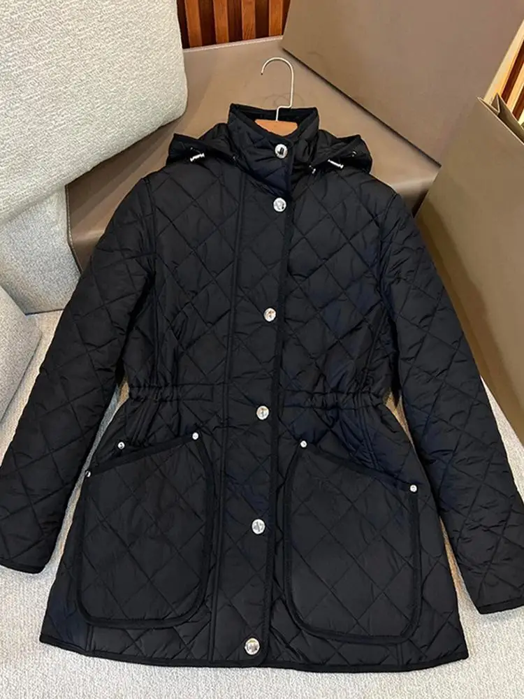 

Slim Fit Hooded Cotton Jacket Women's Pure Color British Style Autumn Winter New Arrival Fashionable Commute Polyester