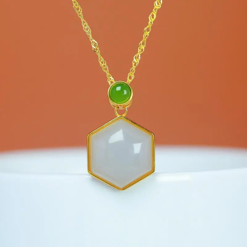 Genuine China Nephrite Stone White Hetian Jade Hexagonal Pendant 925 Silver Necklace Women Certified Jewelry Girlfriend Mom Gift