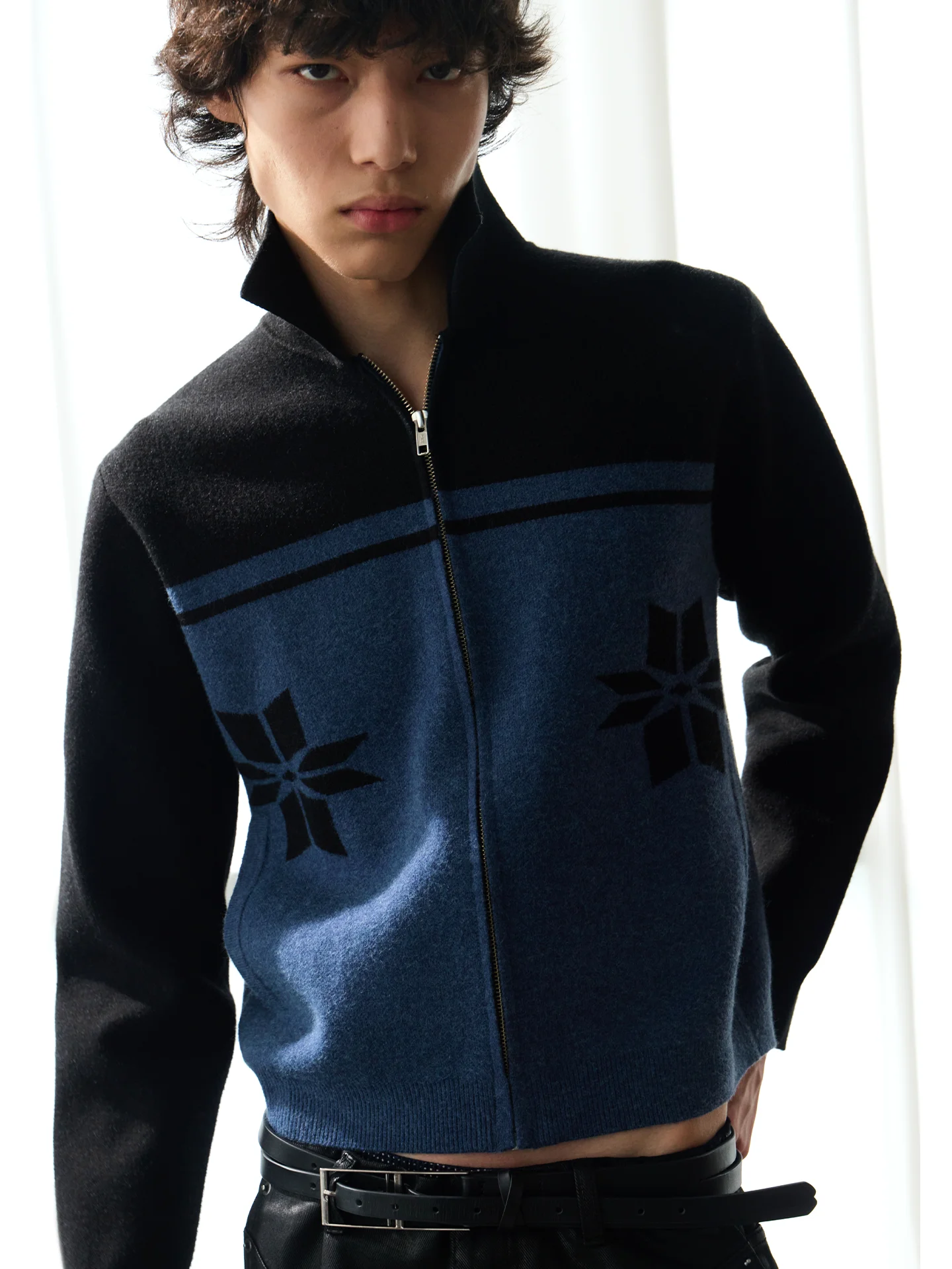 JCAESAR Wool Blend Knitted Sweater Cardigan Comfortable Soft Fit Snowflake Pattern Casual Style Long Sleeve High Neck