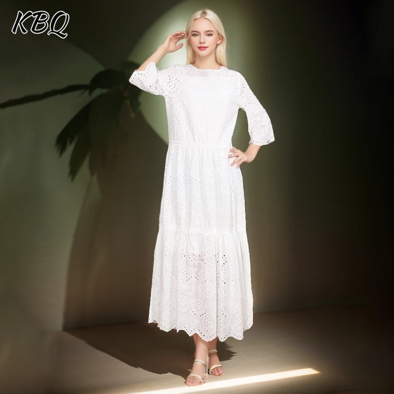 

KBQ Solid Minimalist Hollow Out Long Dress For Women Round Neck Half Sleeve High Waist Casual A Line Dresses Female Fashion New