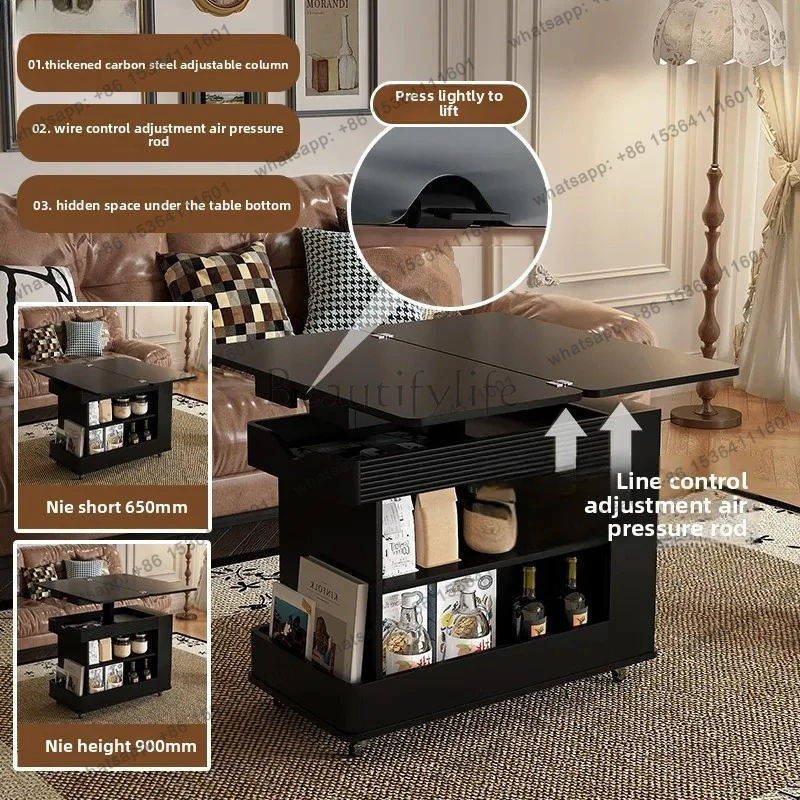 solid wood coffee table table lifting and moving side table living room multi-functional trolley folding sofa side cabinet