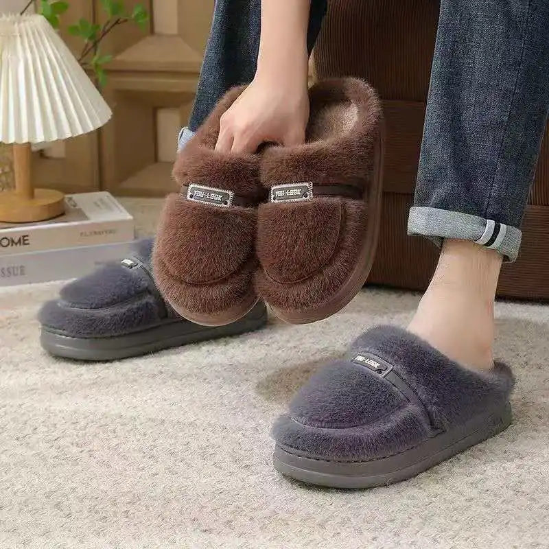 

2026 Men's fleece-lined cotton slippers warm lightweight slip-resistant comfortable casual thick-soled cotton shoes