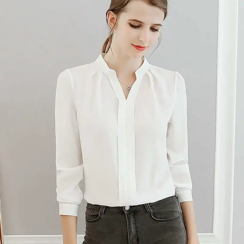 

Women's Long Sve Standing Collar irt Slim Fit OL Sle Knot Polyester Cotton Blend Thin Warmth Office Wear