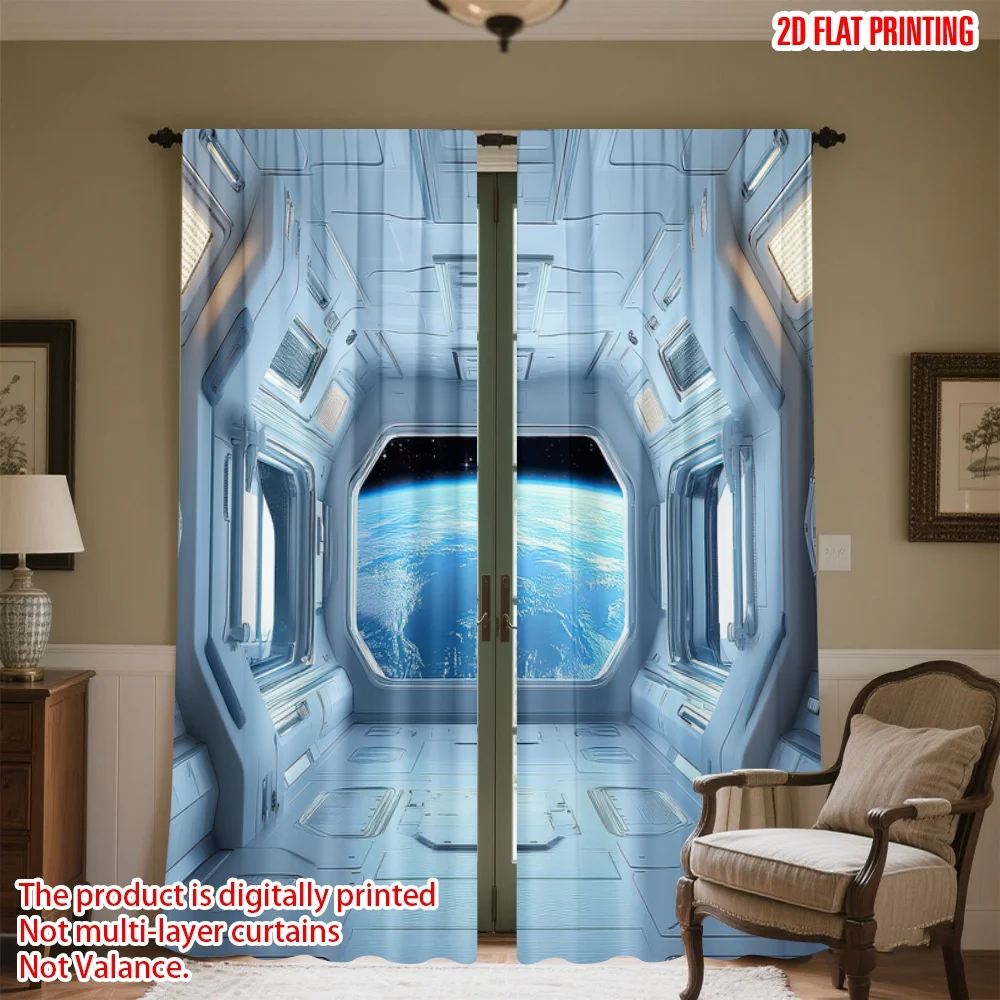

2D flat printing 2pcs Drapes Space Station Earth View(1) Digital Printed Polyester Drapes Festive Curtains Use for Festive and