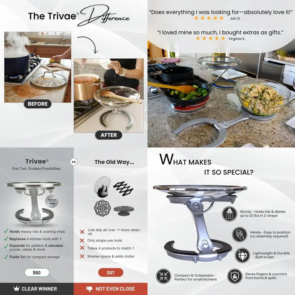 

4-in-1 Multipurpose Pot Lid Holder, Trivet, and Cake Stand - Heat Resistant Kitchen Tool for Cooking, Serving, and Display