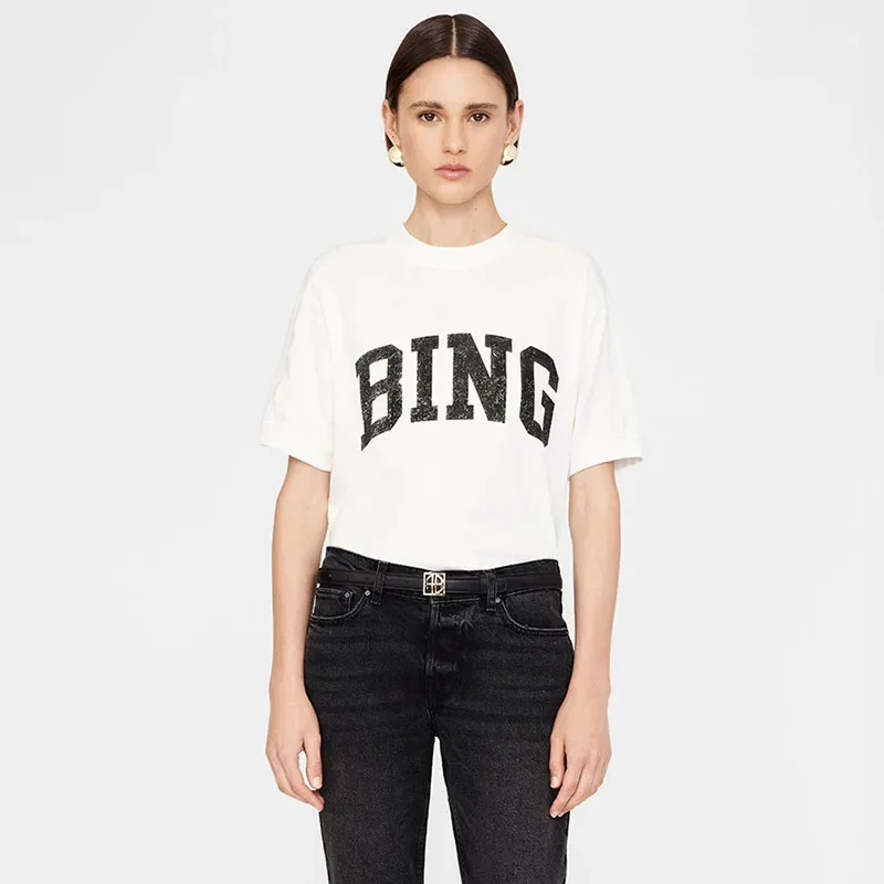 

AB Classic Letter White Cotton T-Shirt with Sand Point Printing for Women from the 24 Summer Collection