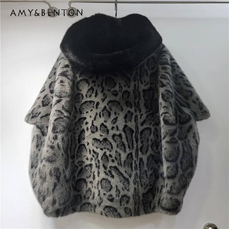 

Winter 2025 New Oversized Loose Batwing Sleeves Cape Furry Coat Leopard Print Faux Fur Short Jacket For Women's Comfortable Top