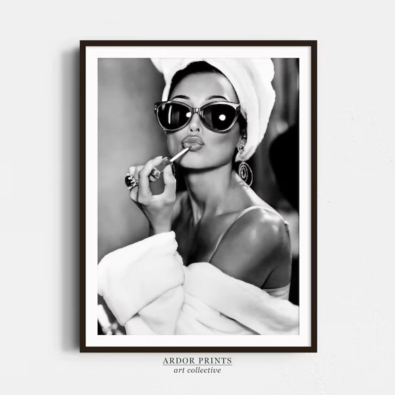 Audrey Hepburn Lipstick Canvas Art Wall Art, Black and White Print, Vintage Fashion Photo, Old Hollywood Art, Fashion Wall De