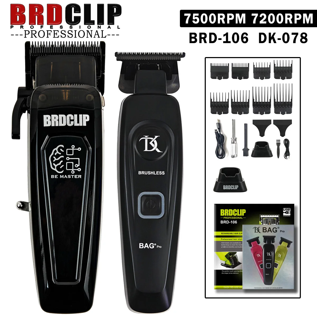 BRDCLIP 106 DK078 Professional Hair Clipper 7500RPM 7200RPM Electric Cordless Trimmer DLC Blade with Charging Base Men's Barber