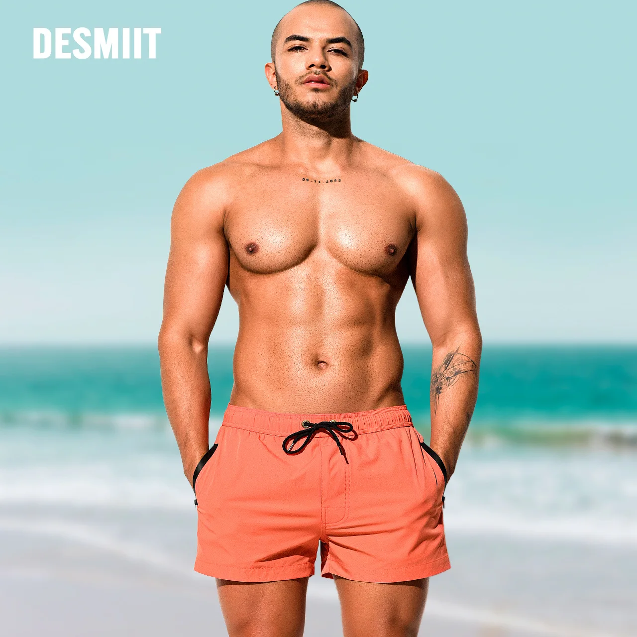 Desmiit Zipper Pocket Mens Beach Board Short Shorts Men Swimwear Swim Trunks Surfing Boardshorts Man Sport Wear Mesh Lined