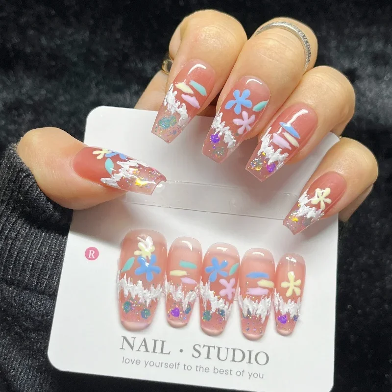 Faux ongles français à motifs floraux colorés, brillant, rose doux, paillettes, cercueil moyen, à pression, uniques, faits à la main, 10 pièces