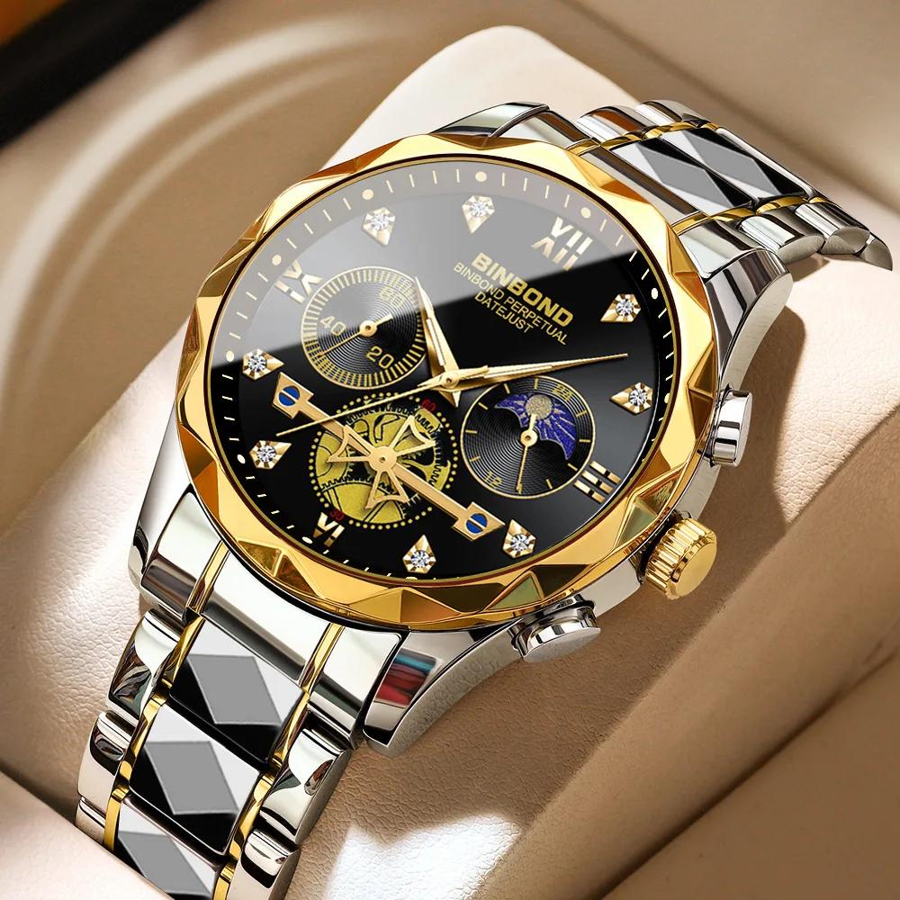 Men's Watch High-End Business Waterproof Luminous Steel Wristband Multifunctional Quartz Watch Six Pin Timing Clock Gift