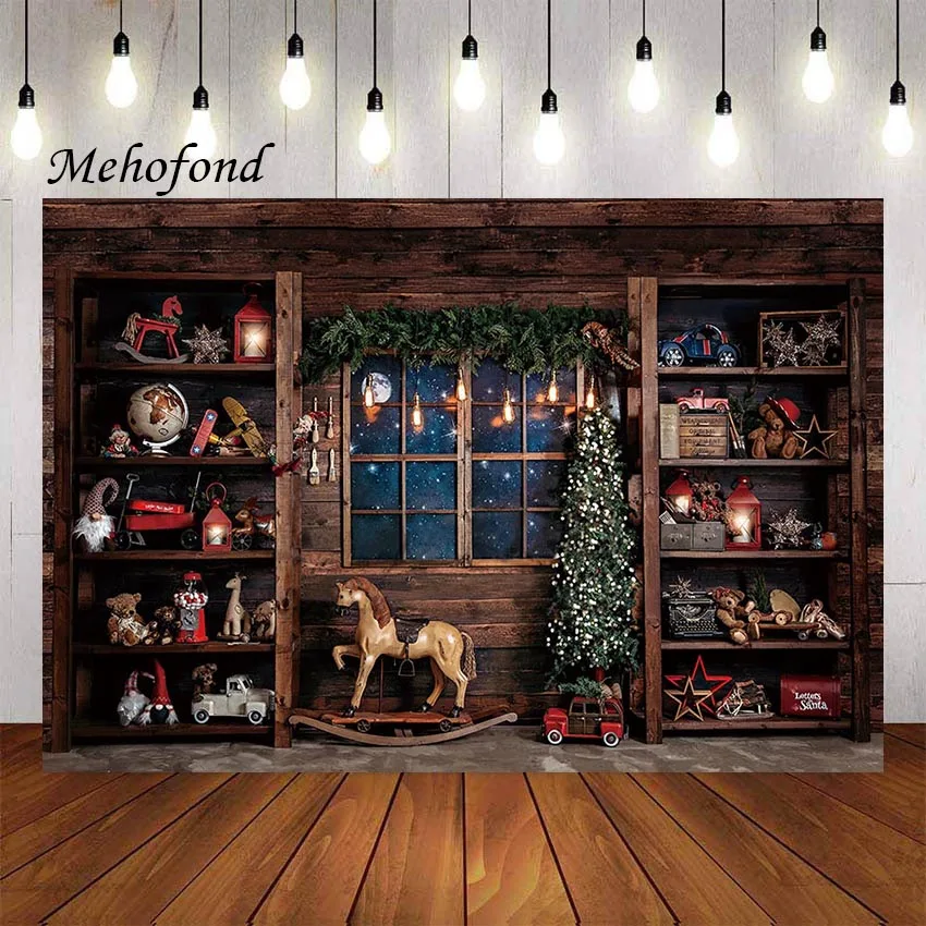 Mehofond Photography Background Christmas Santa\'s Workshop Window Toy Xmas Tree Kids Family Portrait Decor Backdrop Photo Studio