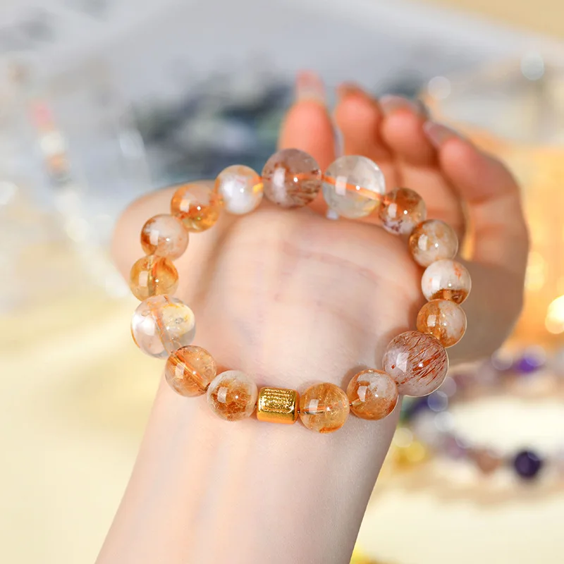 Natural Citrine Yellow Rutilated Quartz Black Gold Super Seven Bracelet Sparkling Crystal Beaded Bangle for Women Gifts