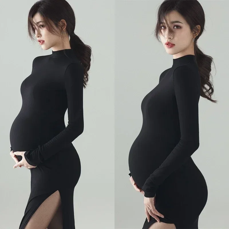 Vestido sexy maternidade para mulheres grávidas, manga comprida, vestidos de malha para foto, adereços de fotografia, mulheres grávidas, preto