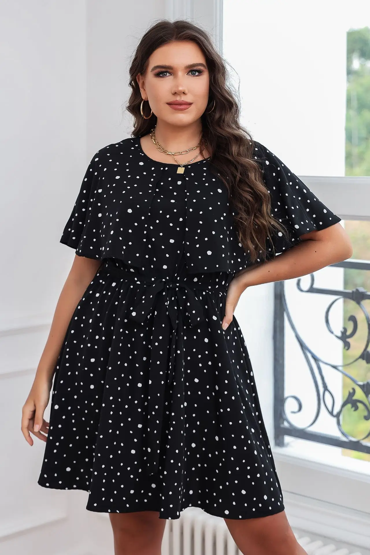 Summer new plus size women\'s clothing for fat mm French polka dot slimming dress is the first slimming dress