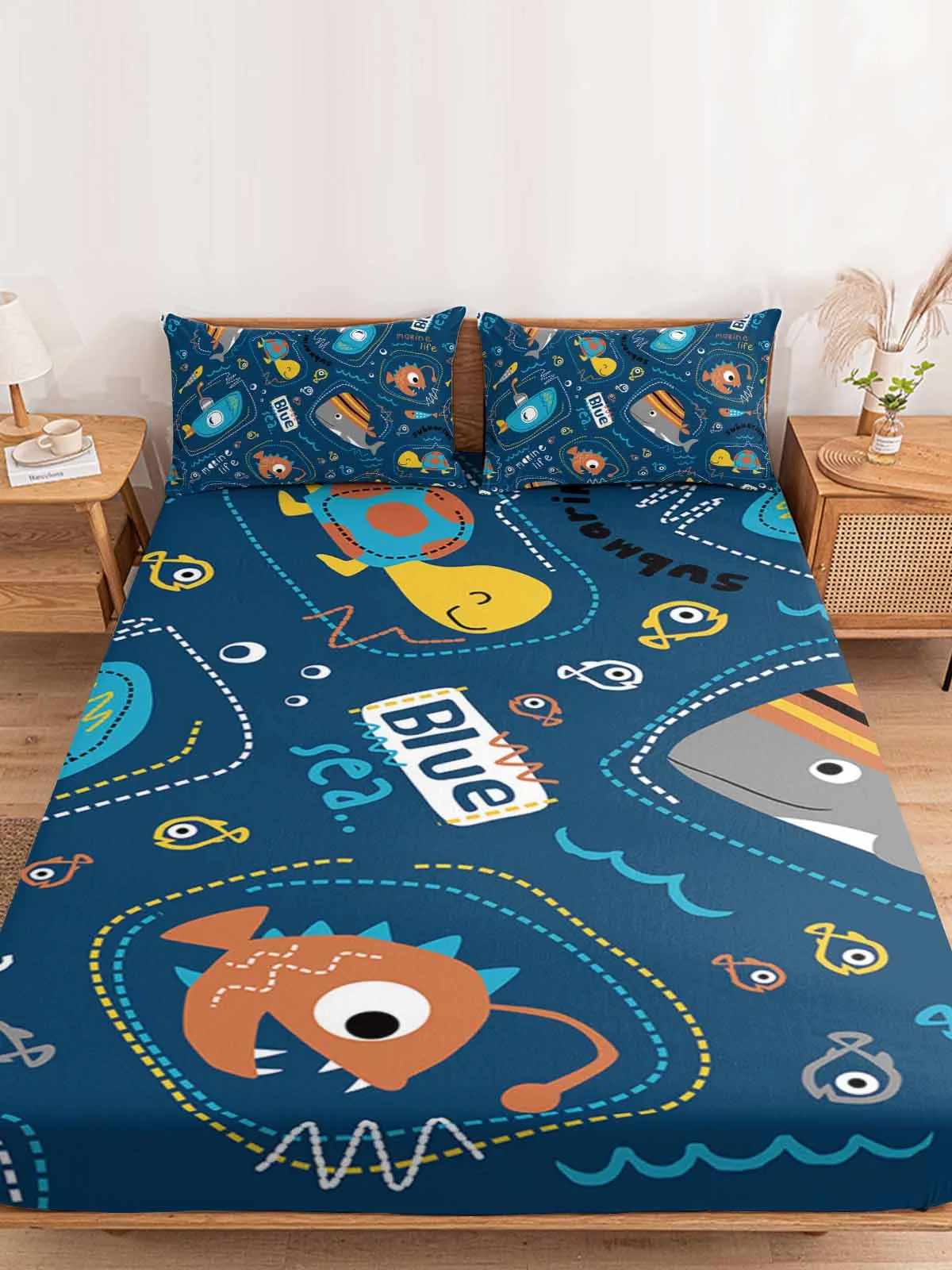 Ocean Whale Tortoise Queen Size Bed Mattress Fitted sheet Elastic Rubber Band Non-slip Bed Sheet Pillowcase Set