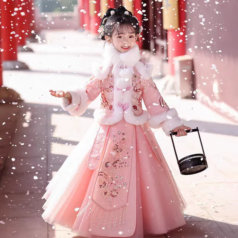 

Зимнее новое платье Hanfu Qipao с вышивкой для девочек, плащ, детская одежда в китайском Новом году, детское праздничное свадебное платье с цветочным узором для девочек