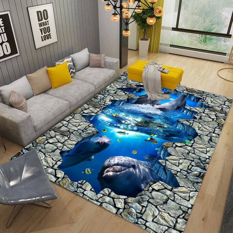 3D Illusion Seabed Underwater World Dolphin Shark Area Rug,Carpet Rug for Living Room Bedroom Sofa Doormat,Non-slip Floor Mat
