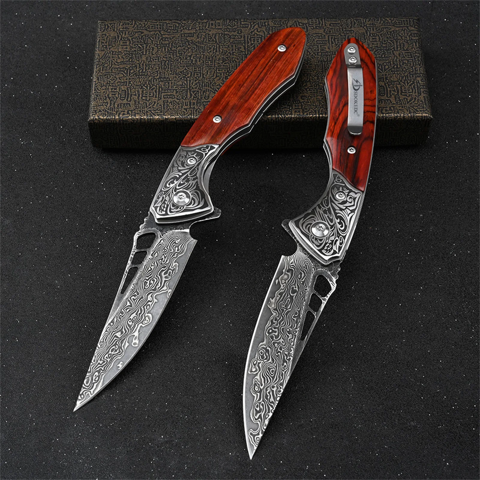 SDOKEDC VG10 Damascus Steel Outdoor Pocket Knife Camping Folding Utility EDC Tools Wood Handle