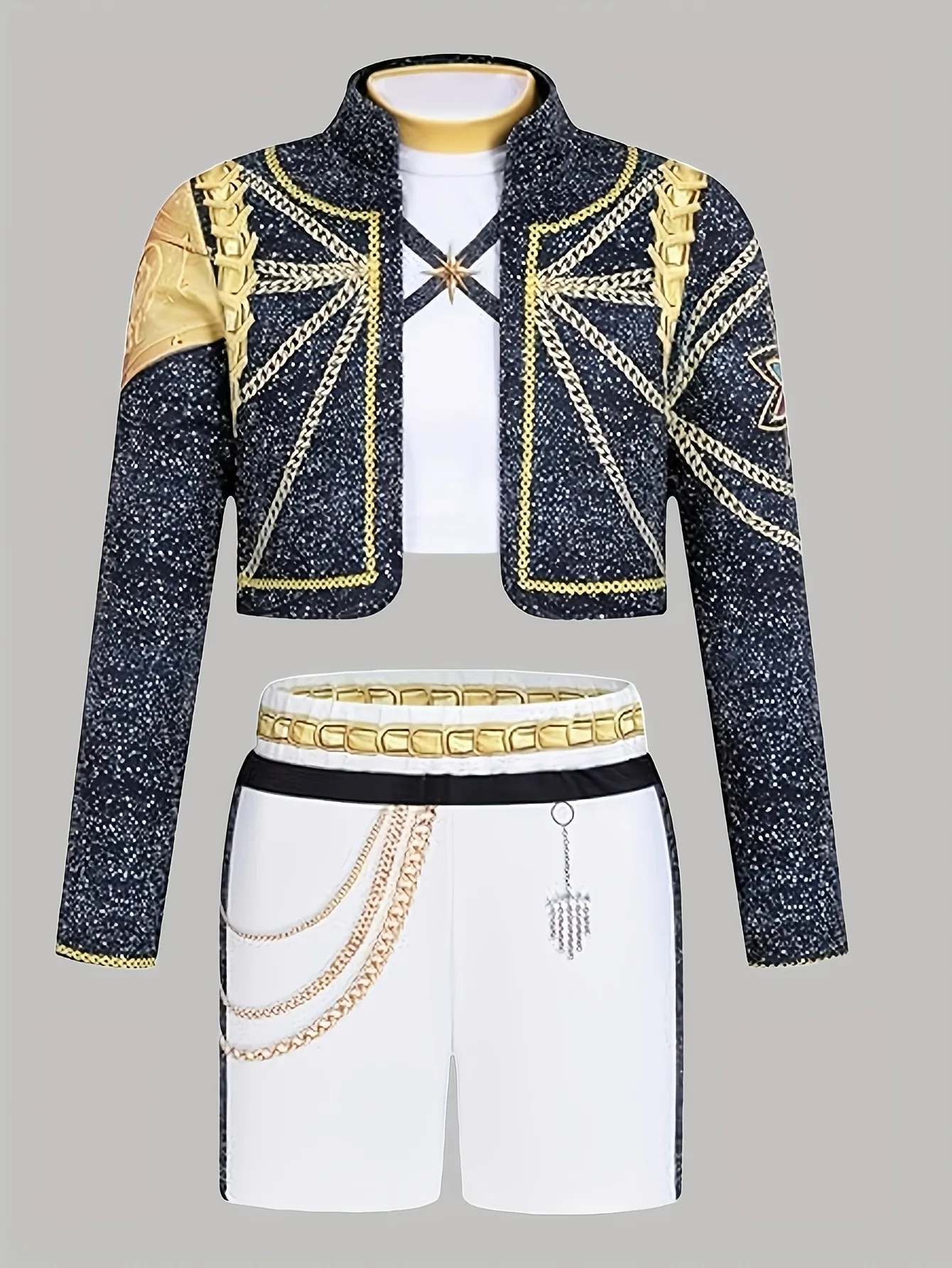 Kids Girls 3-Piece Sparkly Glitter Embroidered Crop Jacket & Chain Decor Shorts with Cami Top Set Stage Performance Dance Costum