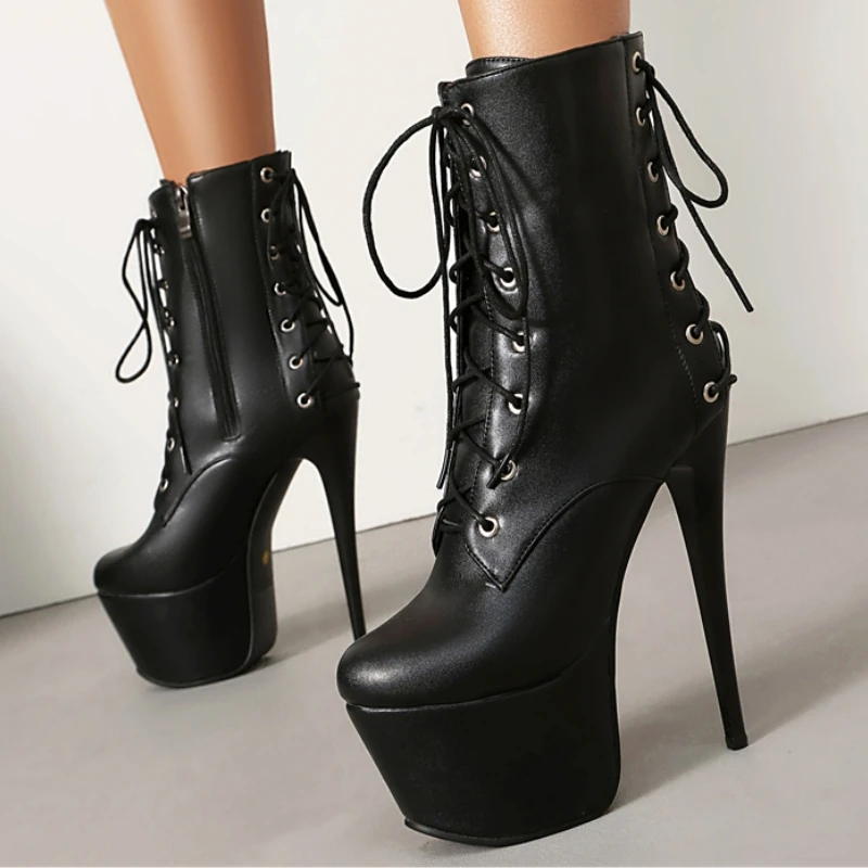 

Platform Women's Ankle Boots New 2025 Autumn Winter Shoes 15cm Thin High Heels Dance Boot Black Stripper Shoes Large Size 47