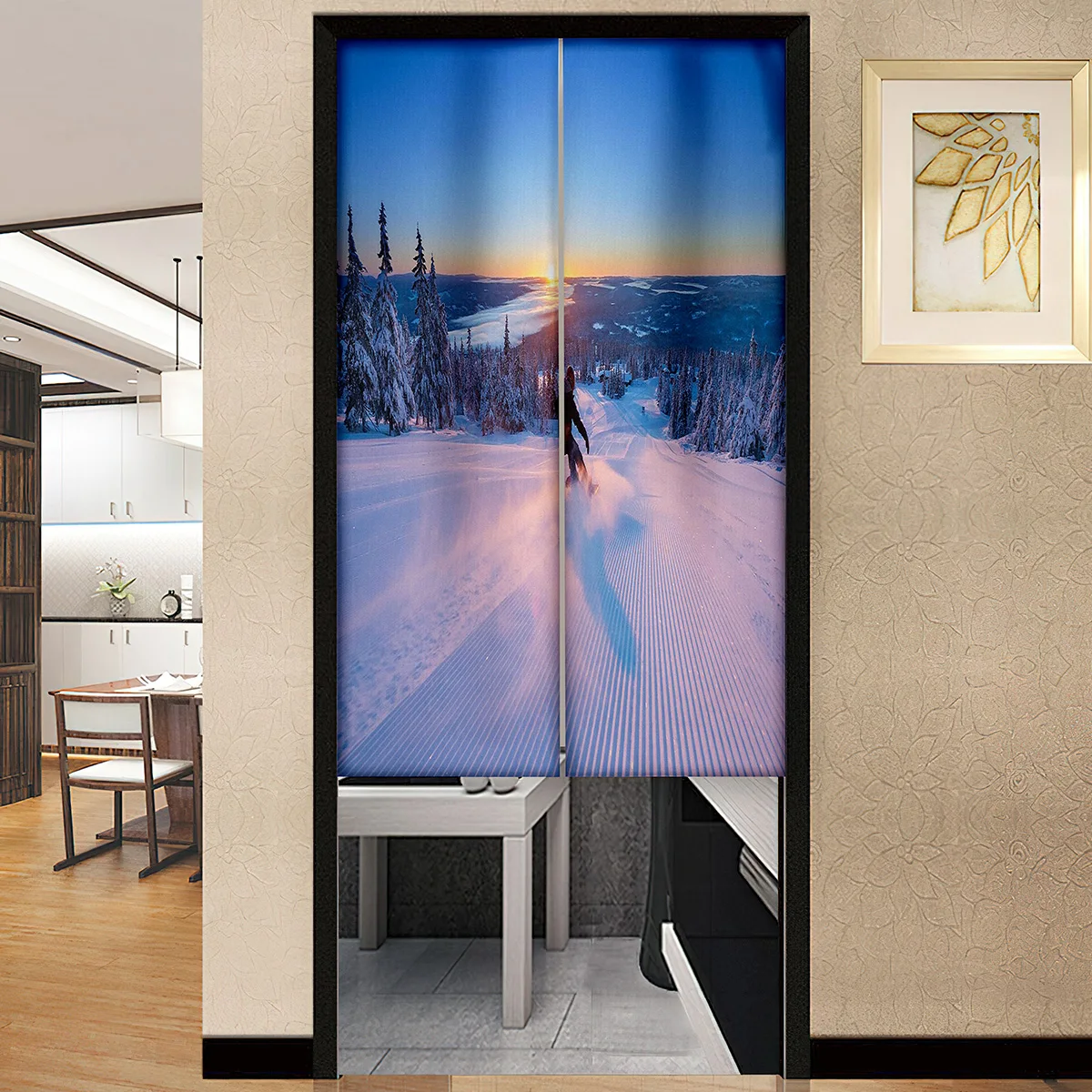 Ski Sport Forest Sunrise Landscape Door Curtain for Boys Kids Teens Men Winter Skiing Themed Kitchen Home Cover with Half Noren