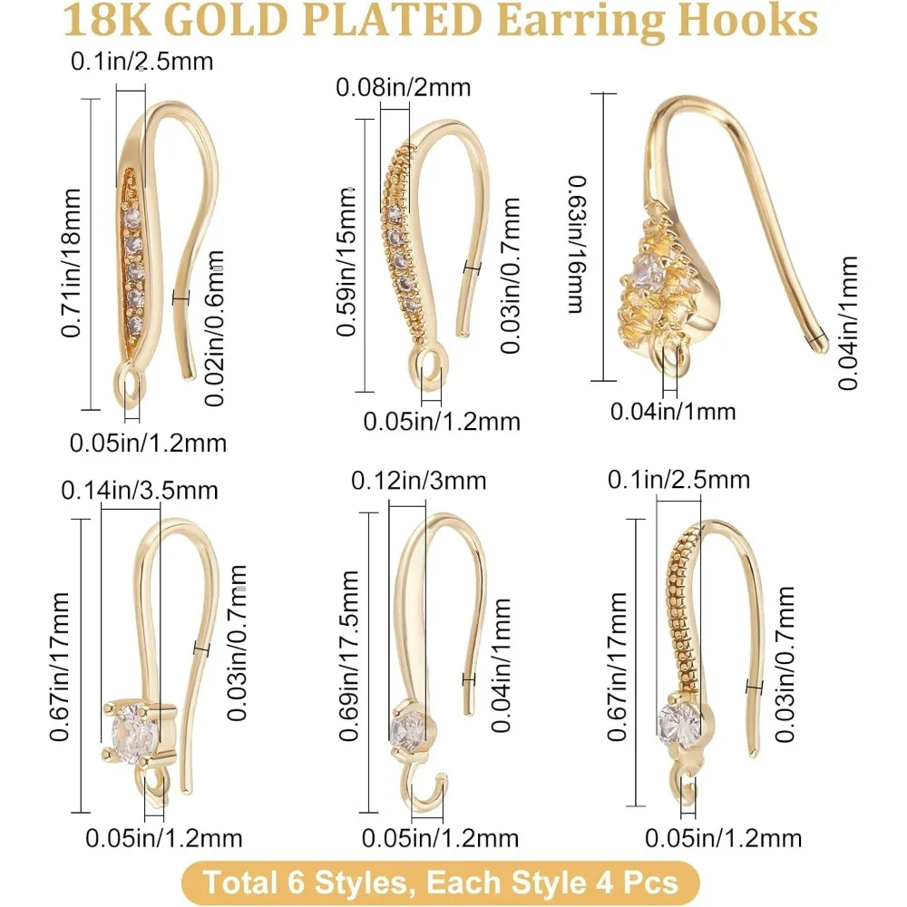 24Pcs 6 Style Cubic Zirconia Earring Hooks 18K Gold Plated Ear Wire Fish Hooks with Loop for DIY Earring Jewelry