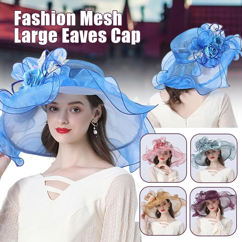 

Big Brim Fedora Hats Women Organza Lace Flower Sun Hats Ladies Wedding Bridal Floral Cap Tea Party Kentucky Wide Church Fedoras