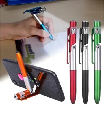 4 In 1 Multifunction Ballpoint Pen with LED Light Fold Phone Holder Night Read Writing Pencil Office School Student Stationery