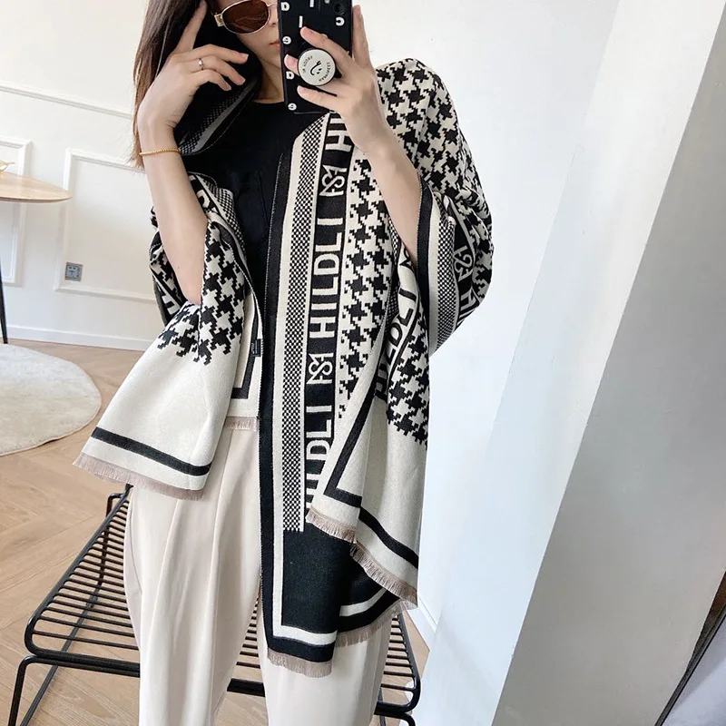 Korean Autumn Winter New Fashion Imitation Cashmere Shawl Scarf Female Thousand Bird Plaid Letter Double Sided Thick Warm Cape