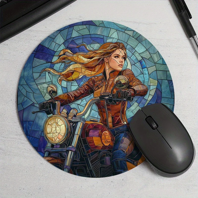 Motorcycle girl anime Circular Mouse Pad Desk Mat pc accessories mouse pads non-Slip rubber base suitable for office and gaming