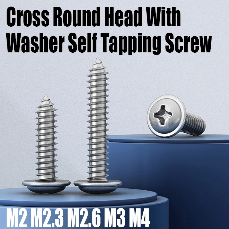 

10/50/100 шт. M2 M2.3 M2.6 M3 M4 304 нержавеющая сталь крест Phillips круглая головка с шайбой Самонарезающий винт PWA деревянный винт