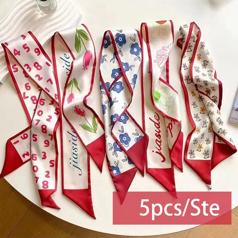 5pcs/set Series Silk Satin Scarf Women Cloth Hair Bands Headdress Accessories Lady Scarves Ribbon Neck Ties for Bag Handle