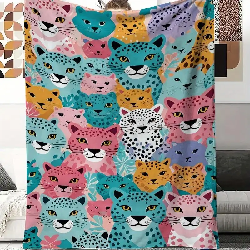 Colorful leopard print face pattern Flannel printed blanket suitable for all seasons suitable living room office sofa and travel
