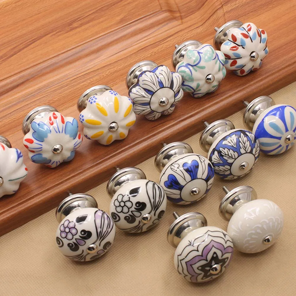 Floral Ceramic European Cabinet Pumpkin Shape With Screw Wardrobe Cupboard Drawer Handles Cabinet Knob Door Knobs Pull handles