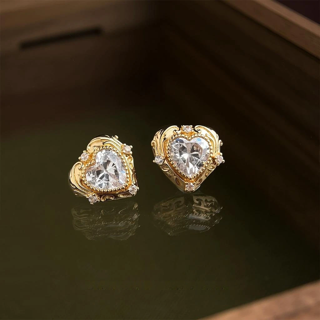 14K Gold Plated Big Heart Cubic Zirconia Micro Pave Crystal Ornate Carved Earrings Elegant Wedding Jewelry For Women