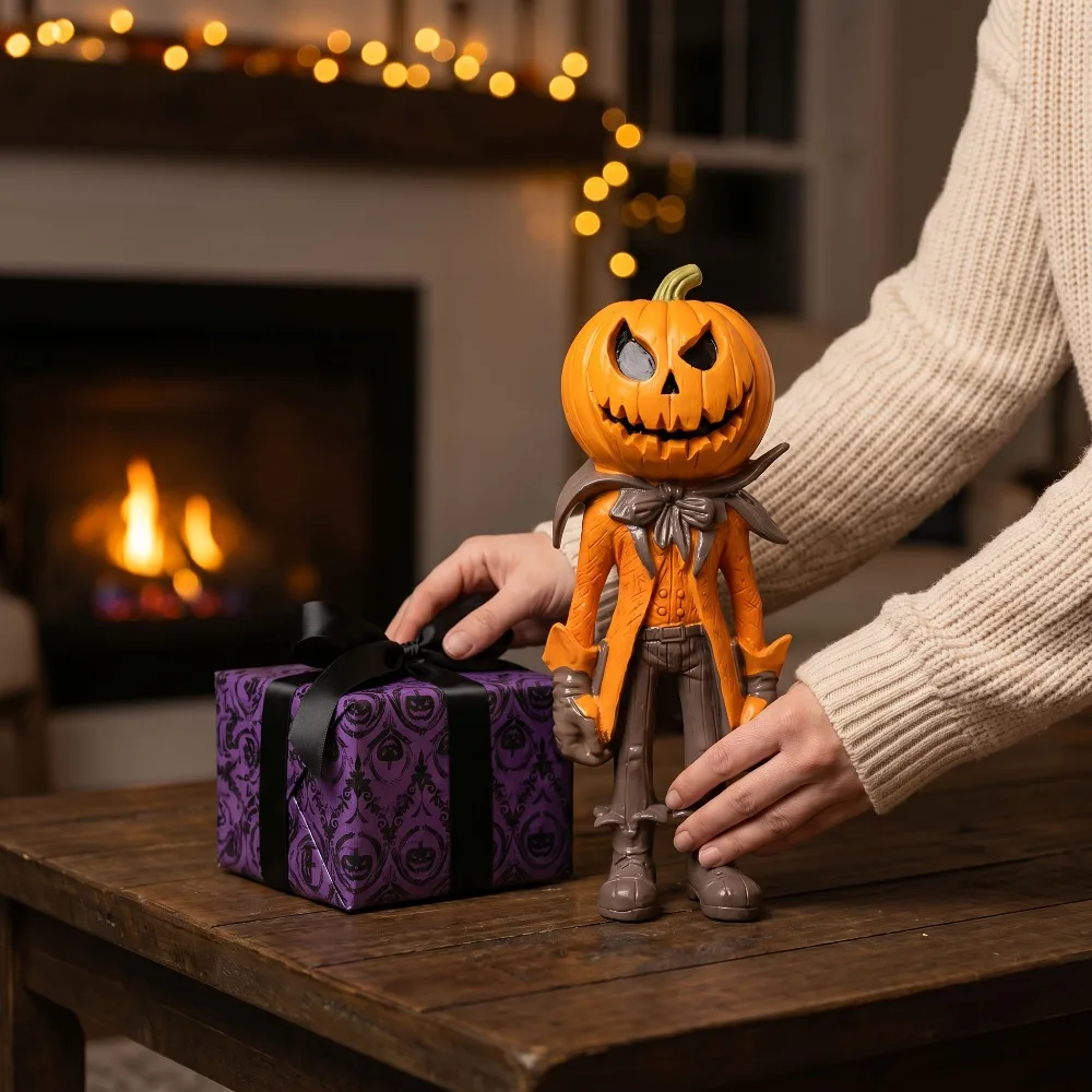 Halloween Pumpkin Figurine Resin Jack O Head Vintage Spooky Seasonal Gift for Mantel Shelf Fireplace Bookshelf Table