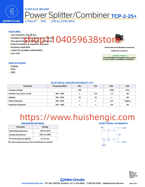TCP-2-25+        RF power distributor/spliter 200 MHz ~ 2.5 GHz isolation (minimum) 10dB, 6° unbalanced (maximum) 6-SMD