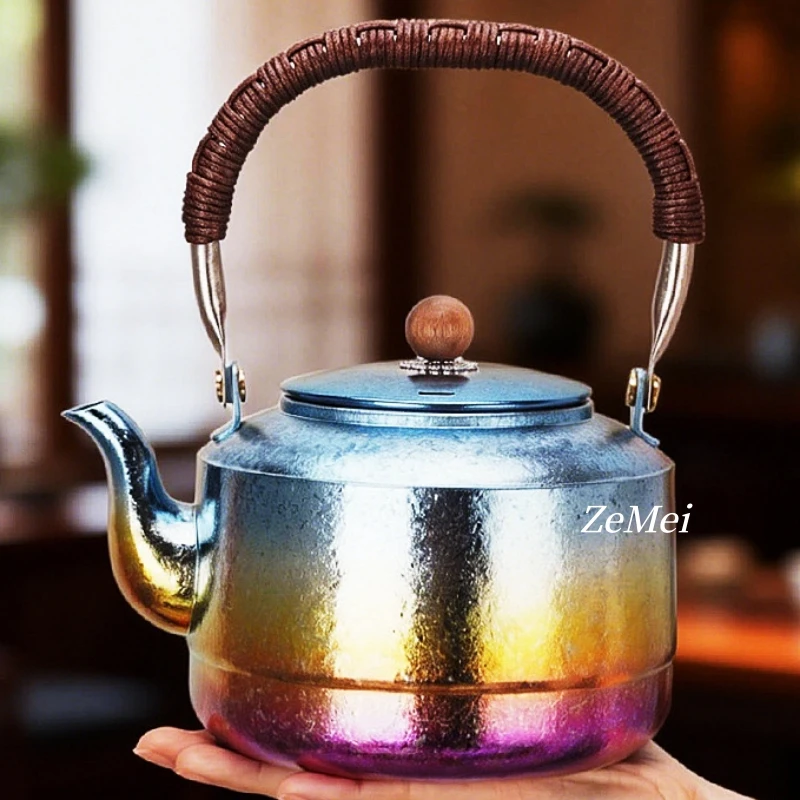 Portable Pure Titanium Coffee Pot,Home Colorful Oval Shape Teaware 1 L Weave Handheld Kettle,Outdoor Camping Titanium Teapot