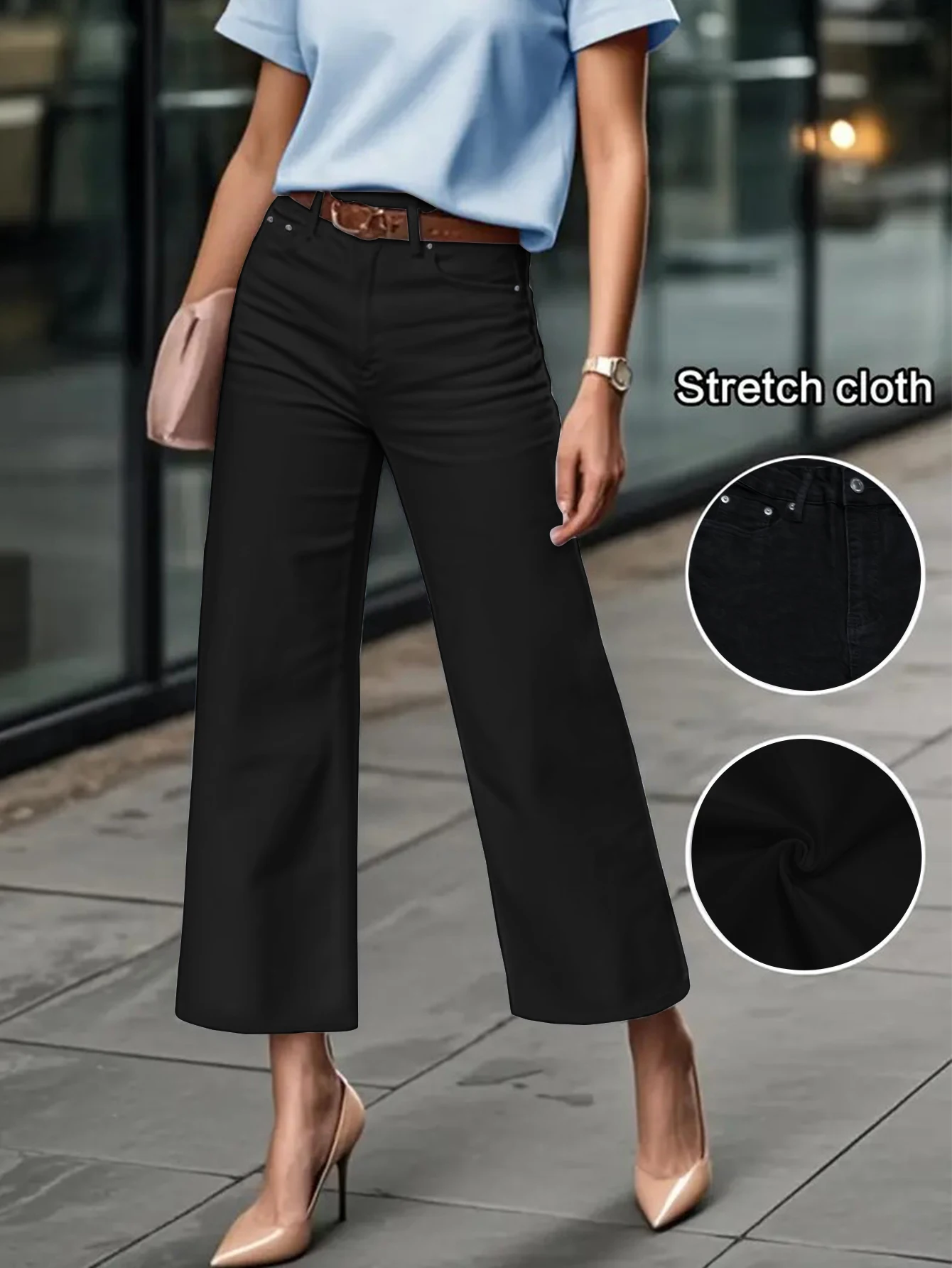 

Новые женские черные широкие джинсы с высокой талией, укороченные джинсы из эластичной джинсовой ткани, идеально подходящая для работы и повседневной одежды.