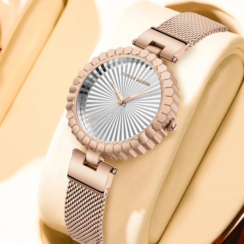 HANNAH MARTIN 1571 New Fashionable Light Luxury Sun Dial Waterproof Quartz Wristwatch Stainless Steel Mesh Strap Ladies Watch